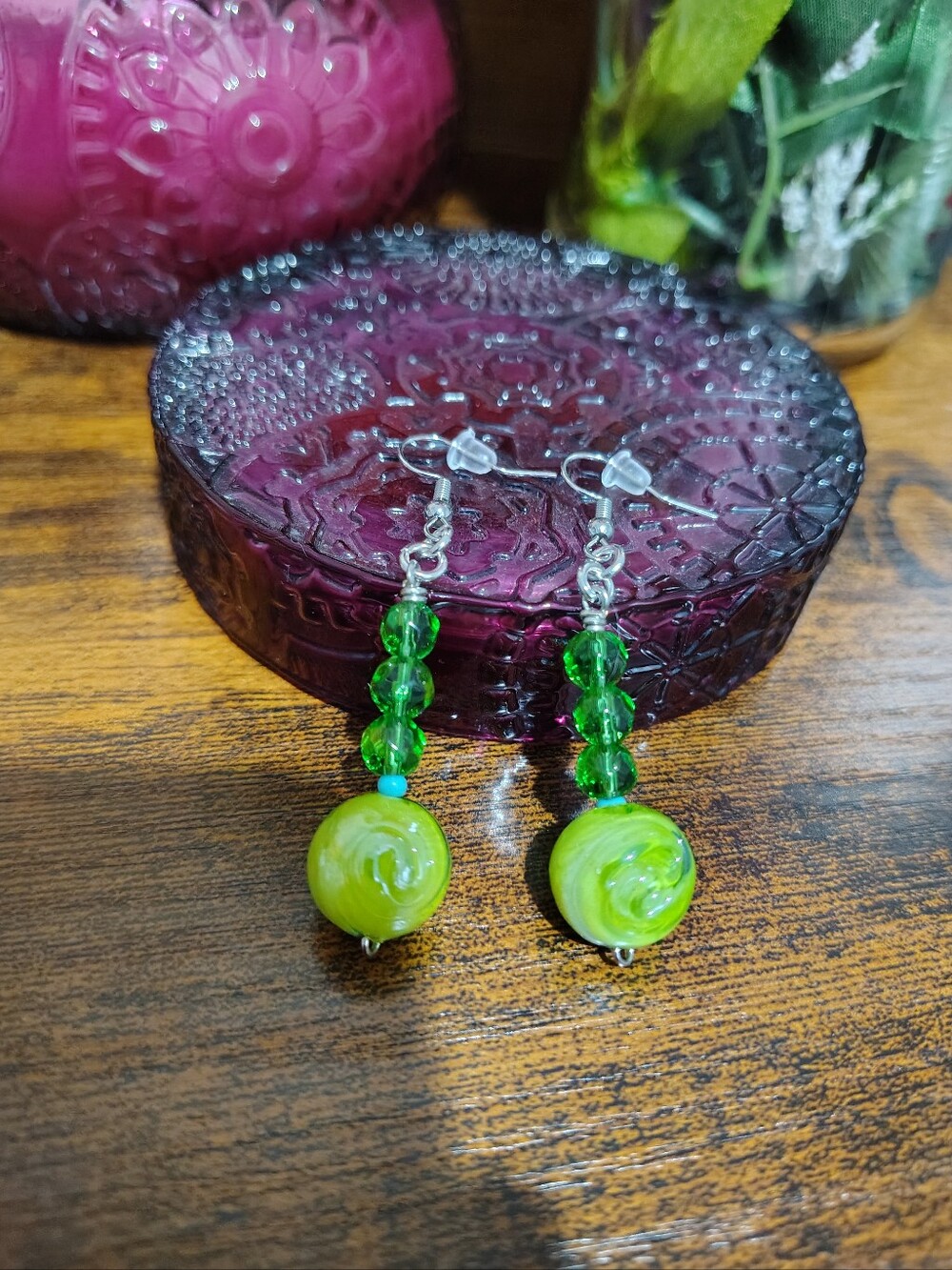 Green Beaded Drop Earrings,  Handmade Ladies Earrings